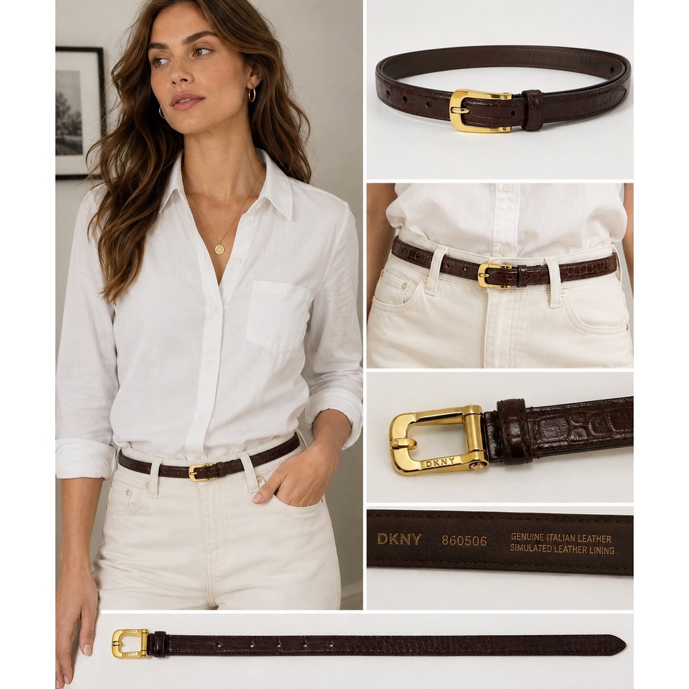 Vintage DKNY Belt Brown Croc Embossed Italian Leather Gold Buckle 860506